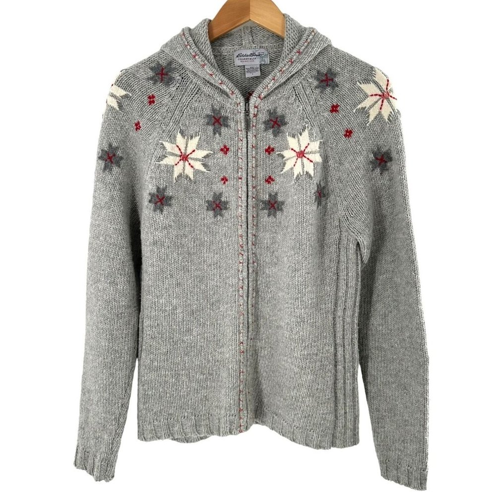 Eddie Bauer Gray Hooded Zip Cardigan with White and Red Snowflake Embroidery